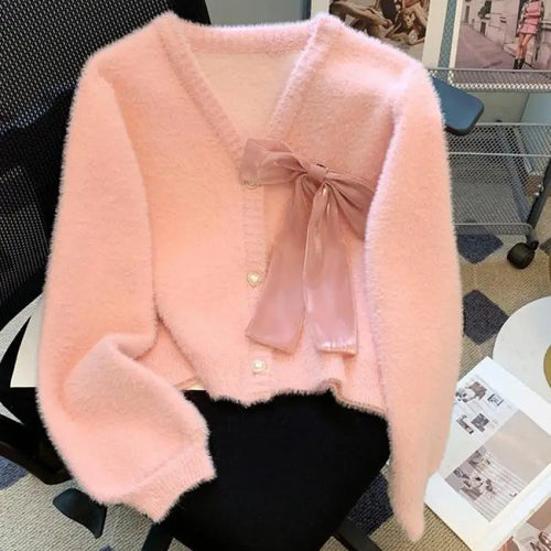 Load image into Gallery viewer, Sweet Pink Single Breasted Imitation Mink Sweater Jacket For Women&#39;s 2024 Autumn Winter New Bow Decorate Knit Cardigan Tops Chic
