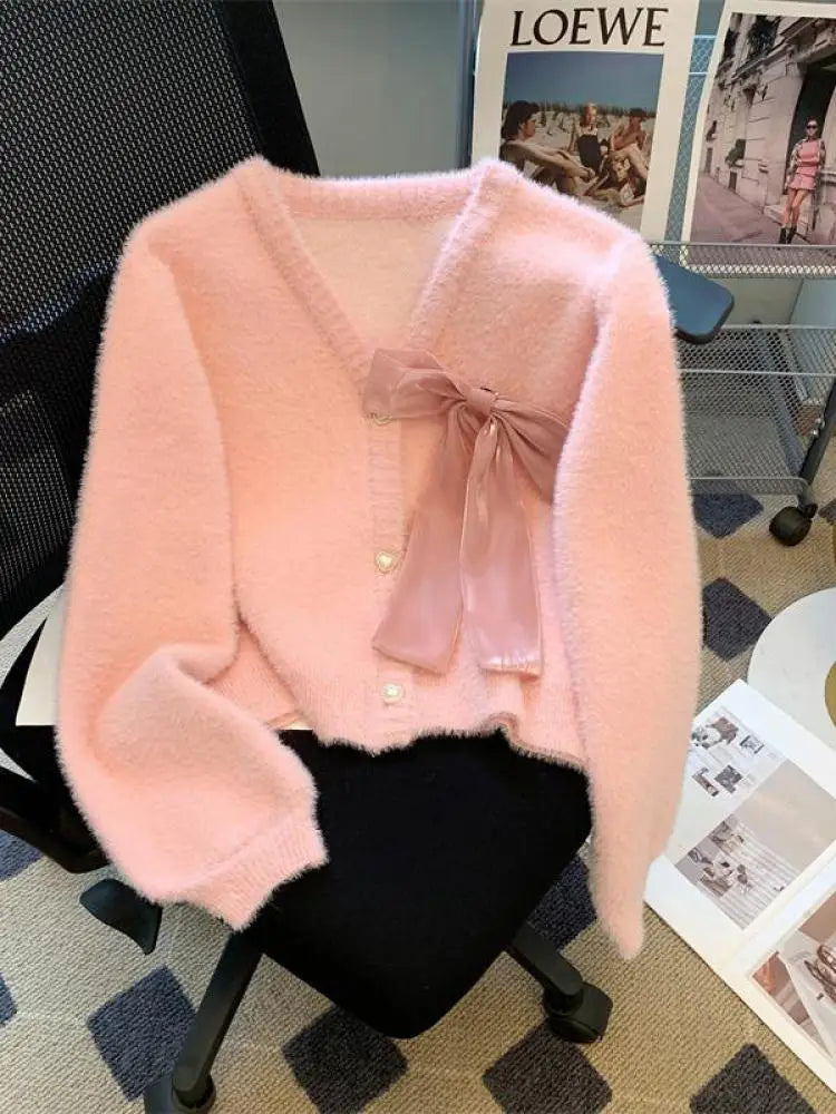 Sweet Pink Single Breasted Imitation Mink Sweater Jacket For Women's 2024 Autumn Winter New Bow Decorate Knit Cardigan Tops Chic