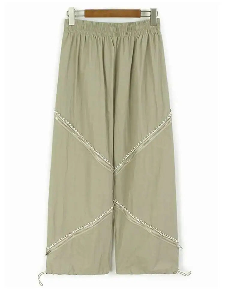 High Elastic Waist Black Rhinestones Zipper Wide Leg Pants New Trousers Women Fashion Tide Spring Autumn 2025 1DJ0190