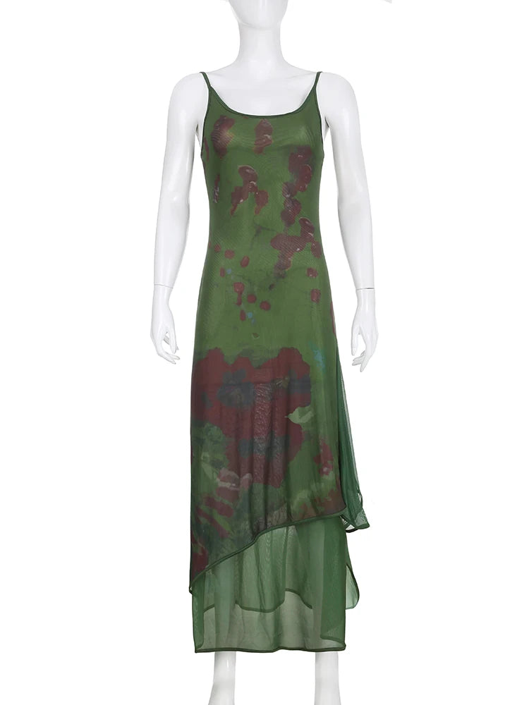 Asymmetrical Vintage Strap Green Print Floral Maxi Dress Fairycore Grunge Beach Sundress Sexy Long Dresses for Women