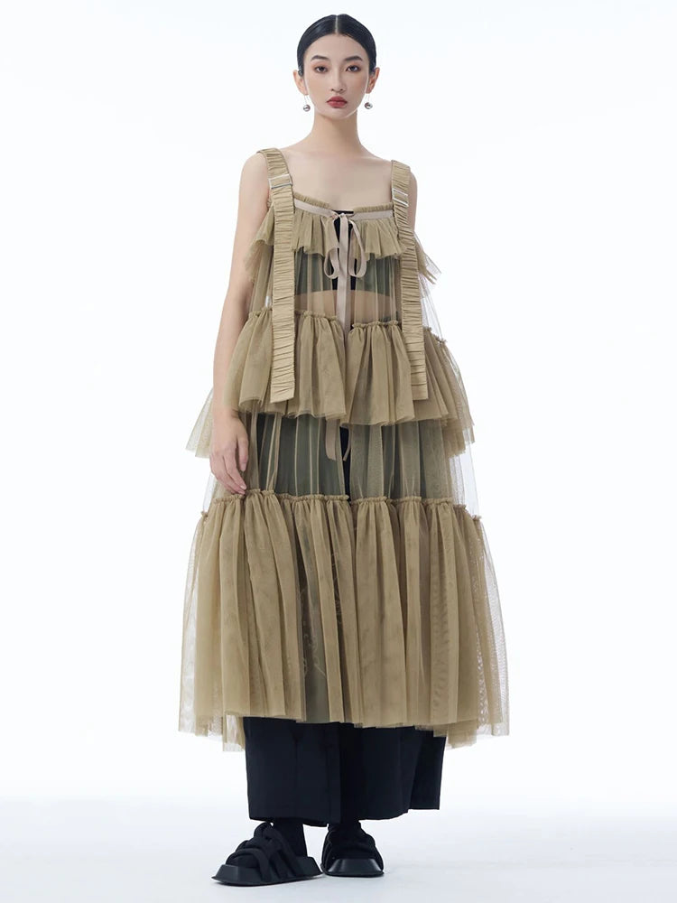 Women Black Mesh Perspective Big Size Strap Dress New Square Collar Sleeveless Fashion Tide Spring Summer 2025 1DJ1242