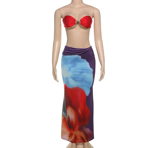 Load image into Gallery viewer, Elegant Beach Sexy Skirt Two Piece Sets Women Strapless Tops And Maxi Skirt Female Print Vacation Club 2 Piece Set
