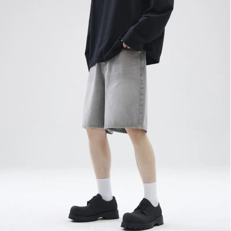 American Fashion Men's Denim Shorts Solid Color New Summer Male Loose Straight Leg Five Quarter Pants Trendy 2025 9W1348