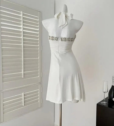 Summer French White Pearl Strapless Bandage Backless Short Dresses Women Vintage Elegant Sexy Club Sleeveless Party Dress Ladies