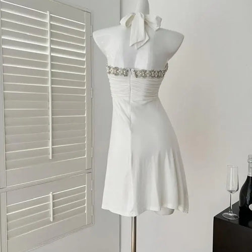 Load image into Gallery viewer, Summer French White Pearl Strapless Bandage Backless Short Dresses Women Vintage Elegant Sexy Club Sleeveless Party Dress Ladies
