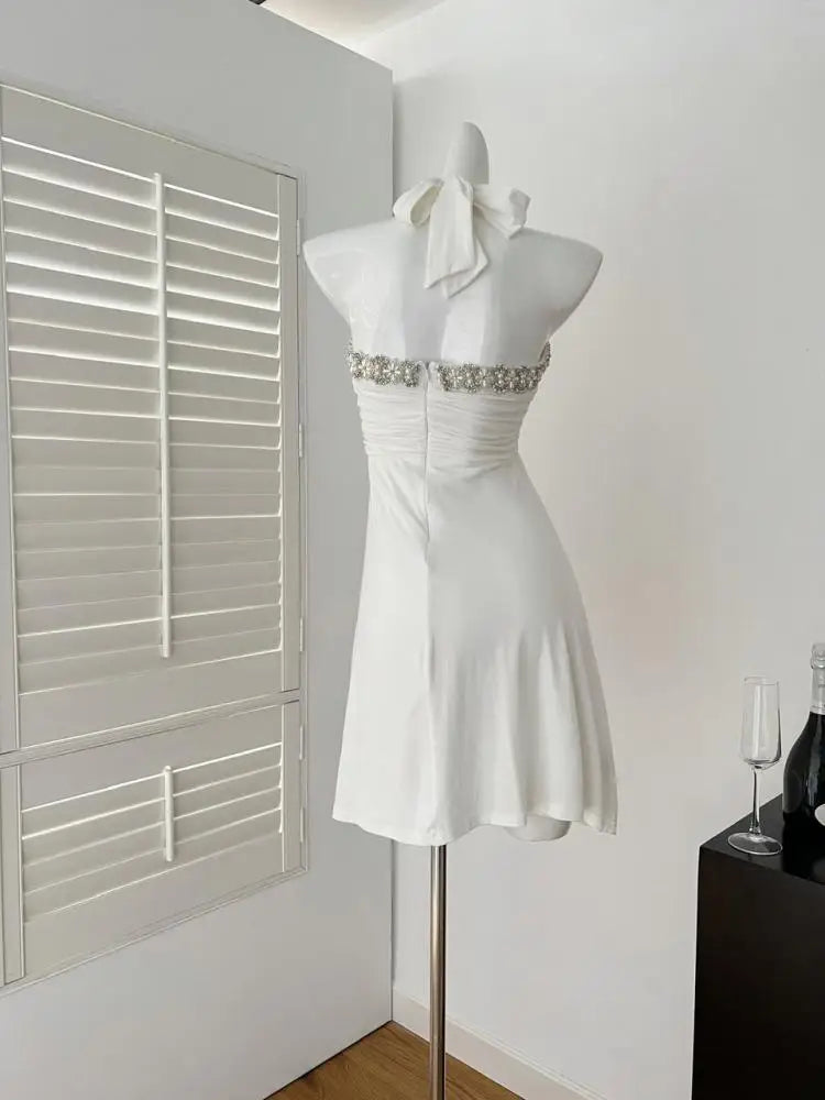 Summer French White Pearl Strapless Bandage Backless Short Dresses Women Vintage Elegant Sexy Club Sleeveless Party Dress Ladies