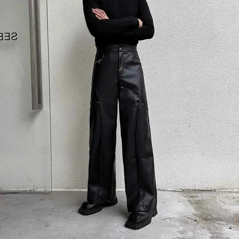 Men's Trousers New Fashionable PU Leather Wide Leg Casual Pants Korean Style Versatile Baggy Strtwear Trend Male C2993