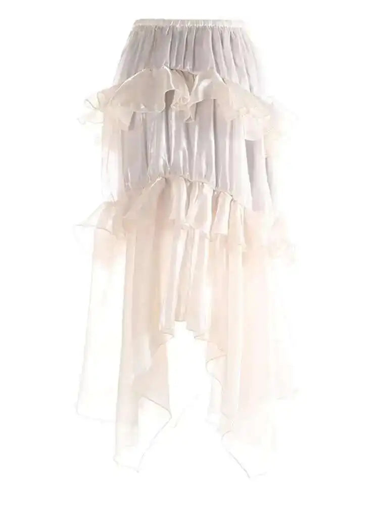 High Elastic Waist Brown Organza Glossy Ruffled Asymmetrical Half-body Skirt Women Fashion New Spring Autumn 2025 1DJ0073