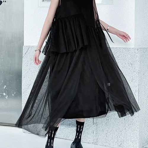 Load image into Gallery viewer, Women Black Khaki Mesh Perspctive Big Size Long Dress New Round Neck Sleeveless Fashion Tide Spring Autumn 2025  1DJ1064
