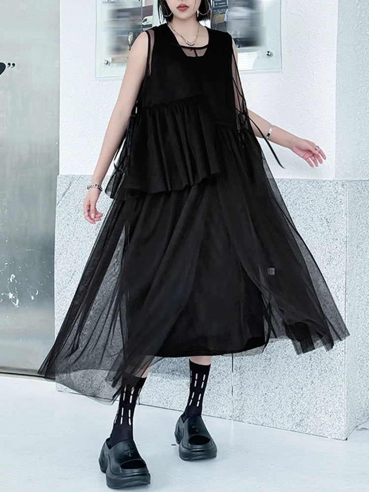 Women Black Khaki Mesh Perspctive Big Size Long Dress New Round Neck Sleeveless Fashion Tide Spring Autumn 2025  1DJ1064