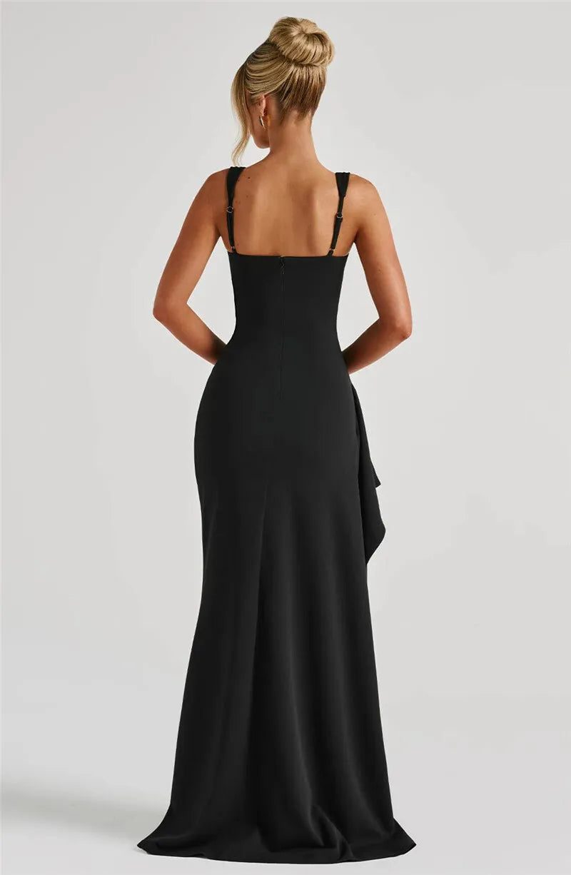 Black Backless Sexy Maxi Dress For Women Gown Spaghetti Strap Sleeveless Thigh High Split Club Evening Long Dress