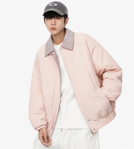 American Style Men's Padded Jackets Turn-down Collar Contrast Color Zipper Loose Thick Male Short Coats Simple 2024 9C8546