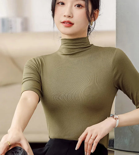 Half Turtleneck Milk Silk Tops Women Short Sleeve Slim T-Shirt Solid Color Basic Trend Bottoming Shirt High Street Women Blouse
