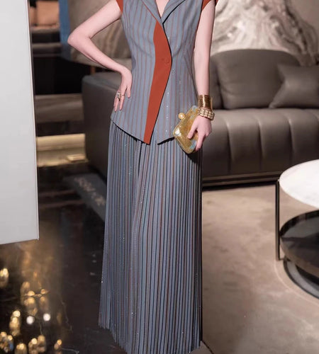 Hit Color Two Piece Set For Women Lapel Sleeveless Coat High Waist Temperament Skirts Elegant Sets Female Fashion