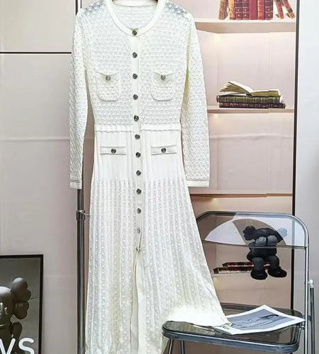 Autumn Winter Black White Single Breasted Casual Sweater Dress Green Elegant Office Women's Temperament Long Sleeve Knit Dresses