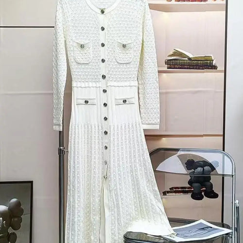 Load image into Gallery viewer, Autumn Winter Black White Single Breasted Casual Sweater Dress Green Elegant Office Women's Temperament Long Sleeve Knit Dresses
