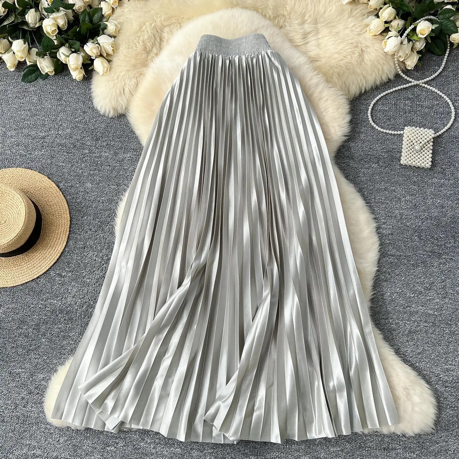 French Retro Women Fashion Solid Elegant Long Skirt Autumn Winter Elastic High Waist Popular Pleated Skirt Simplicity Streetwear