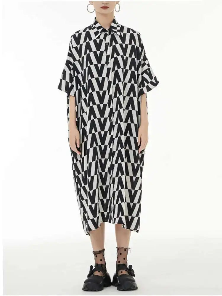 Women Black Pattern Printed Big Size Long Shirt Dress New Lapel Half Sleeve Loose Fit Fashion Spring Summer 2025 1DE9944