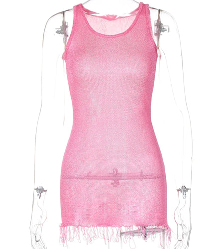 Summer Knitted O Neck Sleeveless See Through Tassel Sexy Slim Mini Dress Women Elegant Outfit Beach Vacation Party