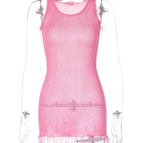 Load image into Gallery viewer, Summer Knitted O Neck Sleeveless See Through Tassel Sexy Slim Mini Dress Women Elegant Outfit Beach Vacation Party
