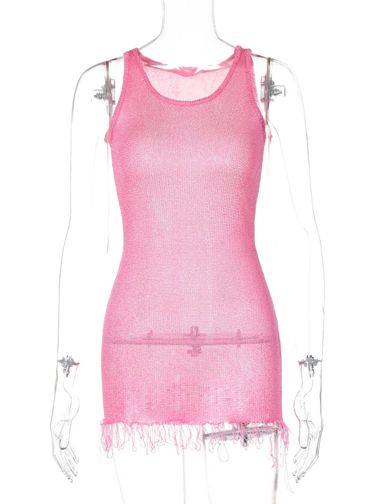Summer Knitted O Neck Sleeveless See Through Tassel Sexy Slim Mini Dress Women Elegant Outfit Beach Vacation Party