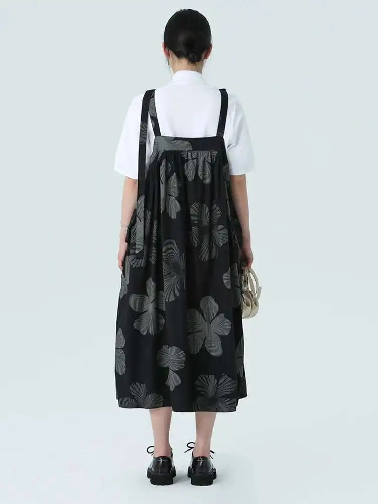 Women Black Pattern Printed Big Size Strap Dress New Square Collar Sleeveless Fashion Tide Spring Autumn 2025 1DH4956