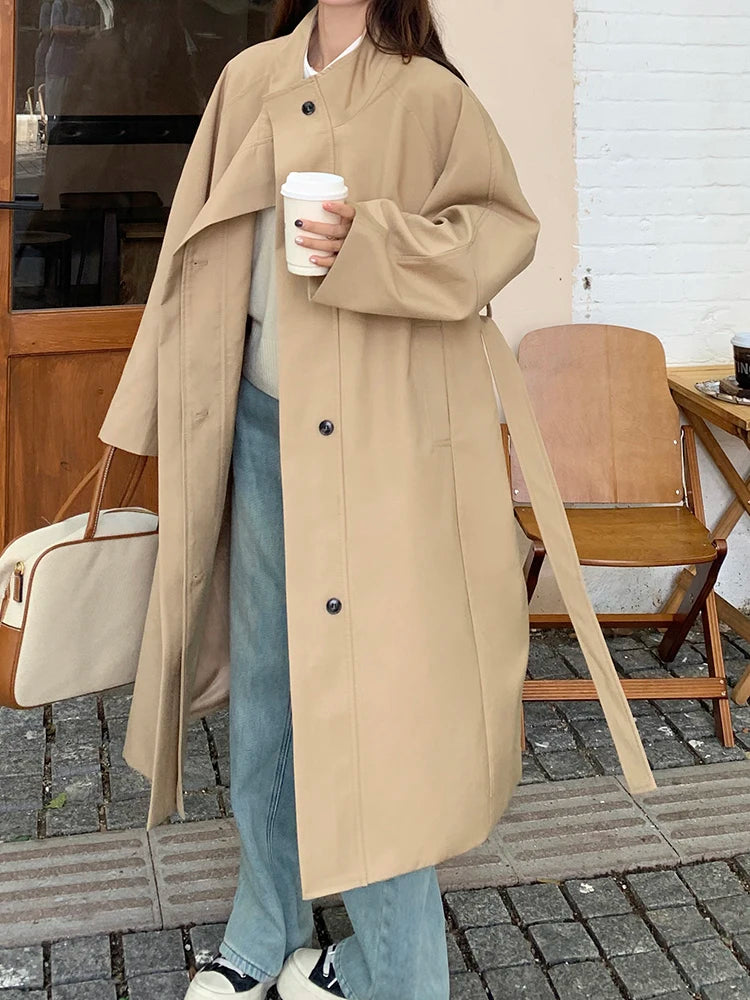 Women Khaki Double Layers Big Size Long Trench New Lapel Long Sleeve Windbreaker Fashion Tide Spring Autumn 2025 1DH9732