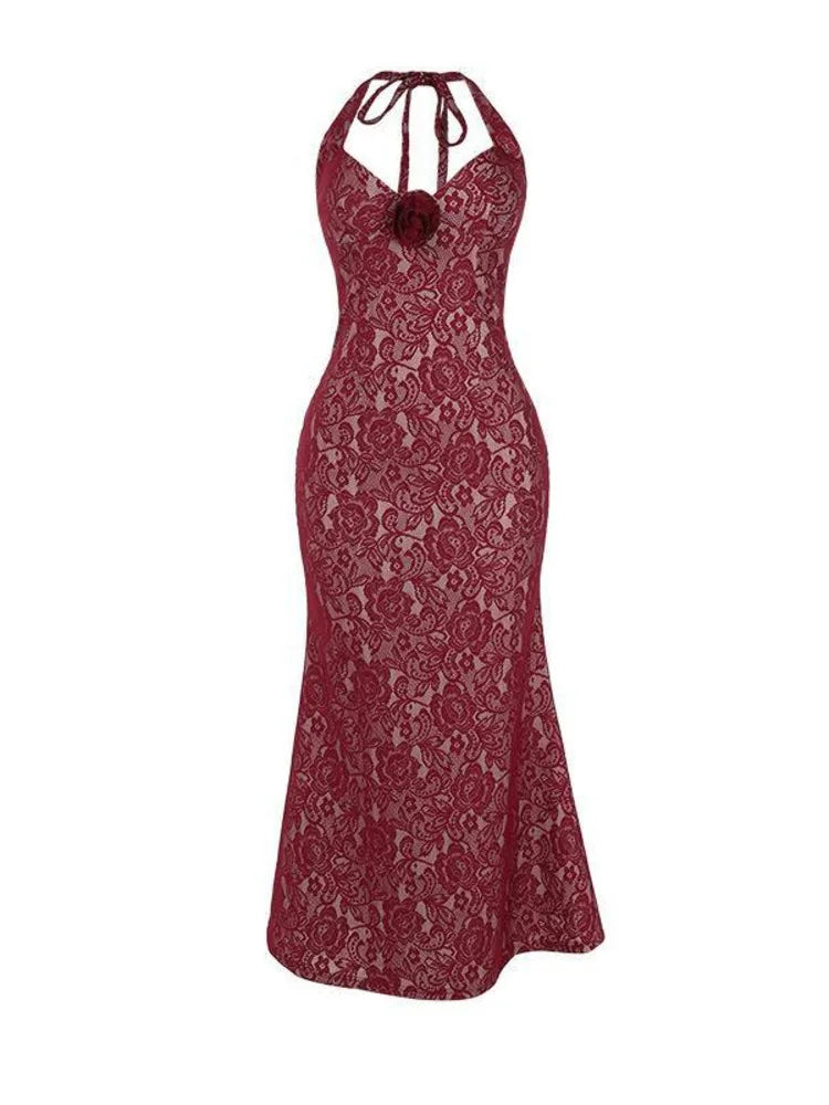 Sexy Sleeveless Lace Patchwork 3D Floral Dress Women Elegant Hip Hugging Lace Up Bodycon Party Club Evening Dress 2025