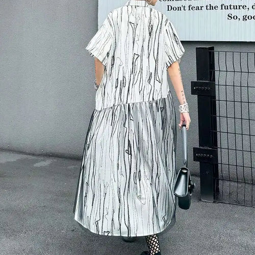 Load image into Gallery viewer, Women Black White Tie Dye Mesh Big Size Midi Shirt Dress New Lapel Short Sleeve Fashion Tide Spring Summer 2025 1DH5962
