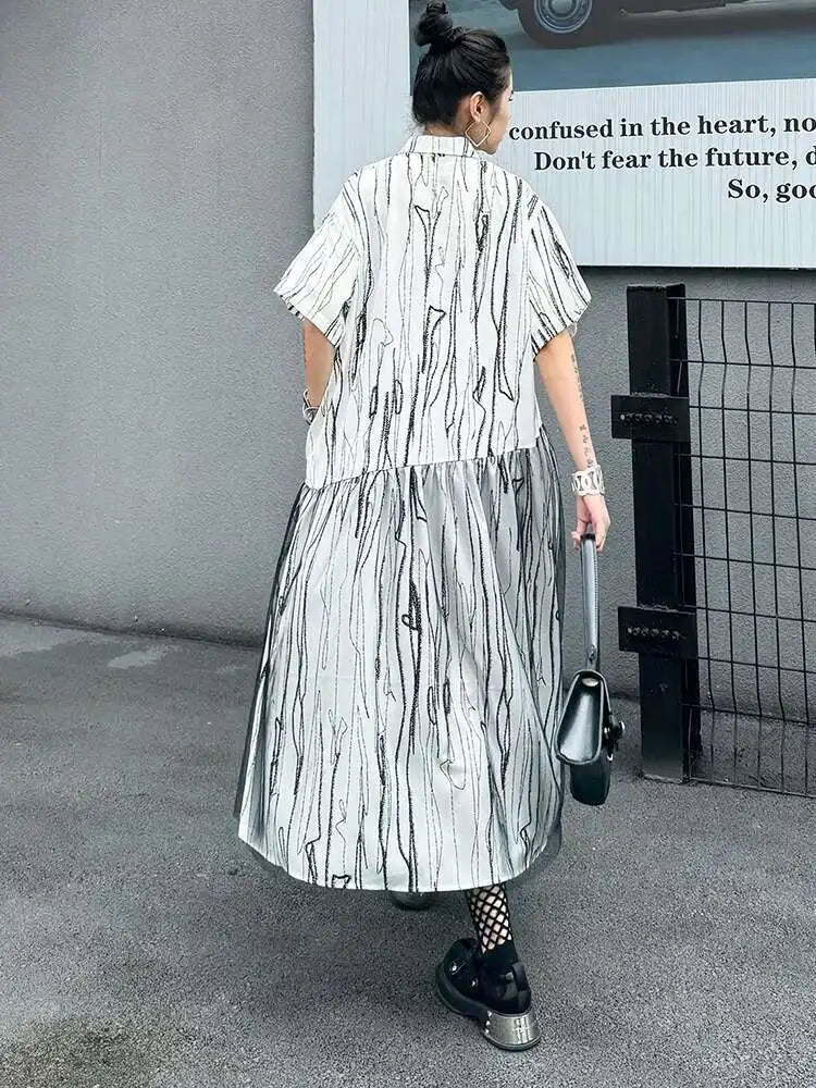 Women Black White Tie Dye Mesh Big Size Midi Shirt Dress New Lapel Short Sleeve Fashion Tide Spring Summer 2025 1DH5962