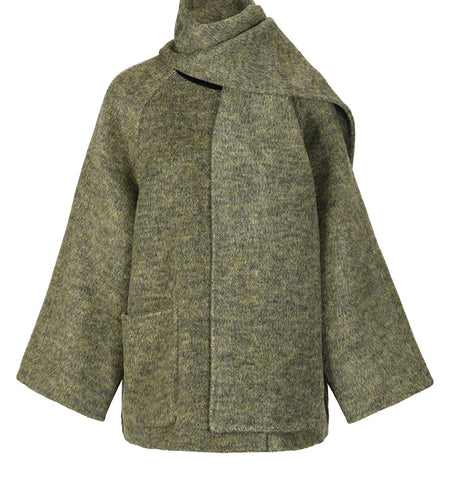 Green Big Size With Scarf Woolen Coat New Round Neck Long Sleeve Women Jacket Fashion Tide Autumn Winter 2025 2DA2386