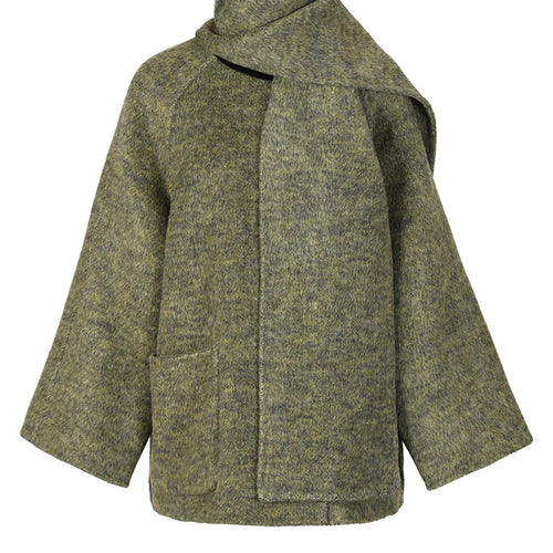 Load image into Gallery viewer, Green Big Size With Scarf Woolen Coat New Round Neck Long Sleeve Women Jacket Fashion Tide Autumn Winter 2025 2DA2386
