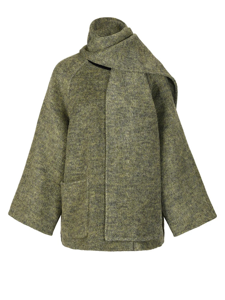 Green Big Size With Scarf Woolen Coat New Round Neck Long Sleeve Women Jacket Fashion Tide Autumn Winter 2025 2DA2386