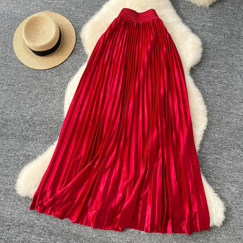 Load image into Gallery viewer, French Retro Women Fashion Solid Elegant Long Skirt Autumn Winter Elastic High Waist Popular Pleated Skirt Simplicity Streetwear
