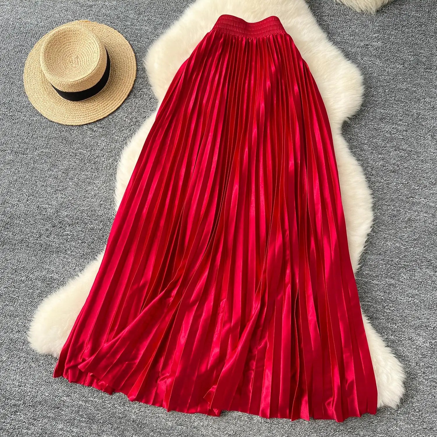 French Retro Women Fashion Solid Elegant Long Skirt Autumn Winter Elastic High Waist Popular Pleated Skirt Simplicity Streetwear