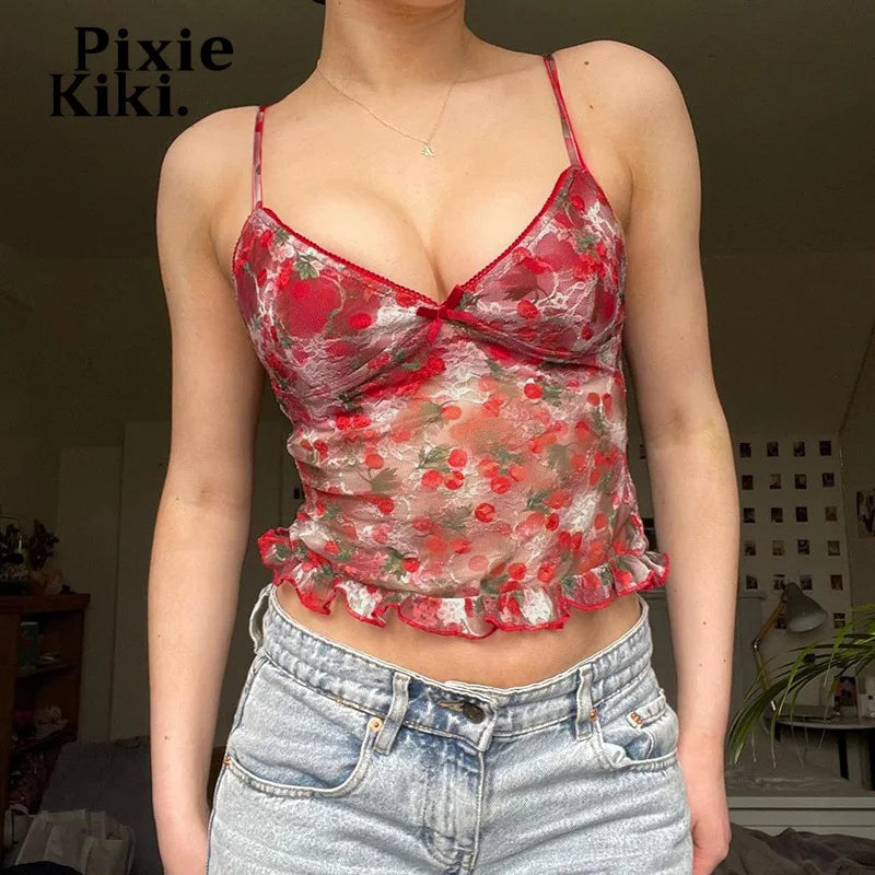 Cherry Print Mesh Tops Aesthetics Y2k Kawaii Lingerie Bow V Neck Backless Crop Top Shirt Summer Tanks & Camis P67-BB10