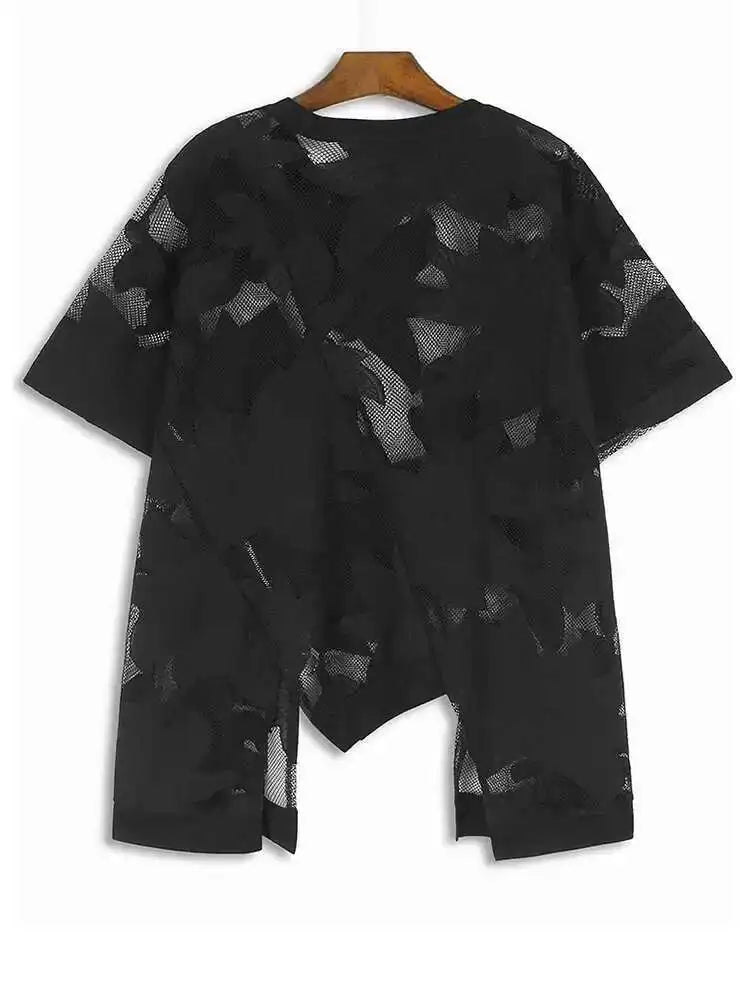 Women Embroidered Lace Zipper Irregular Big Size T-shirt New Round Neck Short Sleeve Fashion Spring Summer 2025 1DH6176