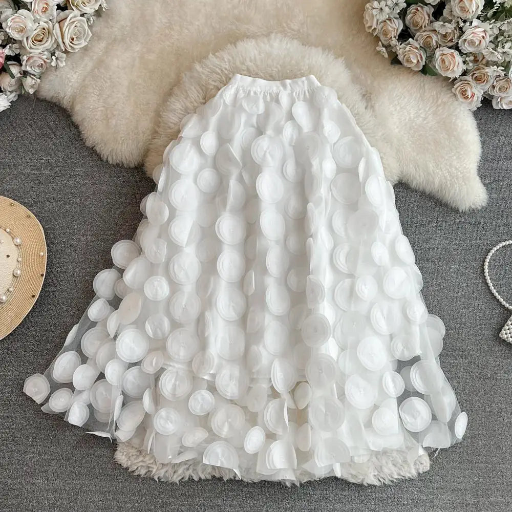 Solid 3d Flower Mesh Splicing Round Polka Dots Casual Skirt Spring Autumn Women Elastic High Waist Midi Skirt Kroean Style Trend
