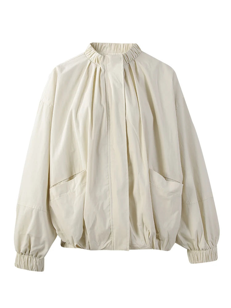 Apricot Pleated Big Size Elegant Jacket New Stand Collar Long Sleeve Women Coat Fashion Tide Spring Autumn 2025 1DH6940