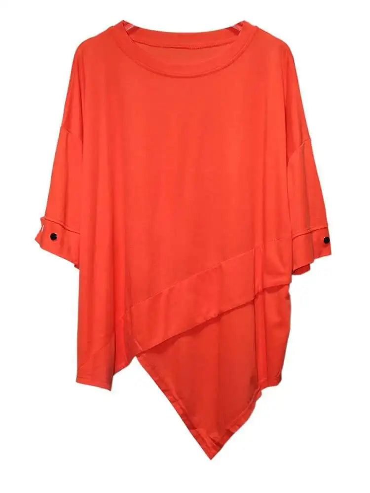 Women Black Irregular Hem Big Size Casual T-shirt New Round Neck Short Sleeve Fashion Tide Spring Summer 2025 1DJ0618