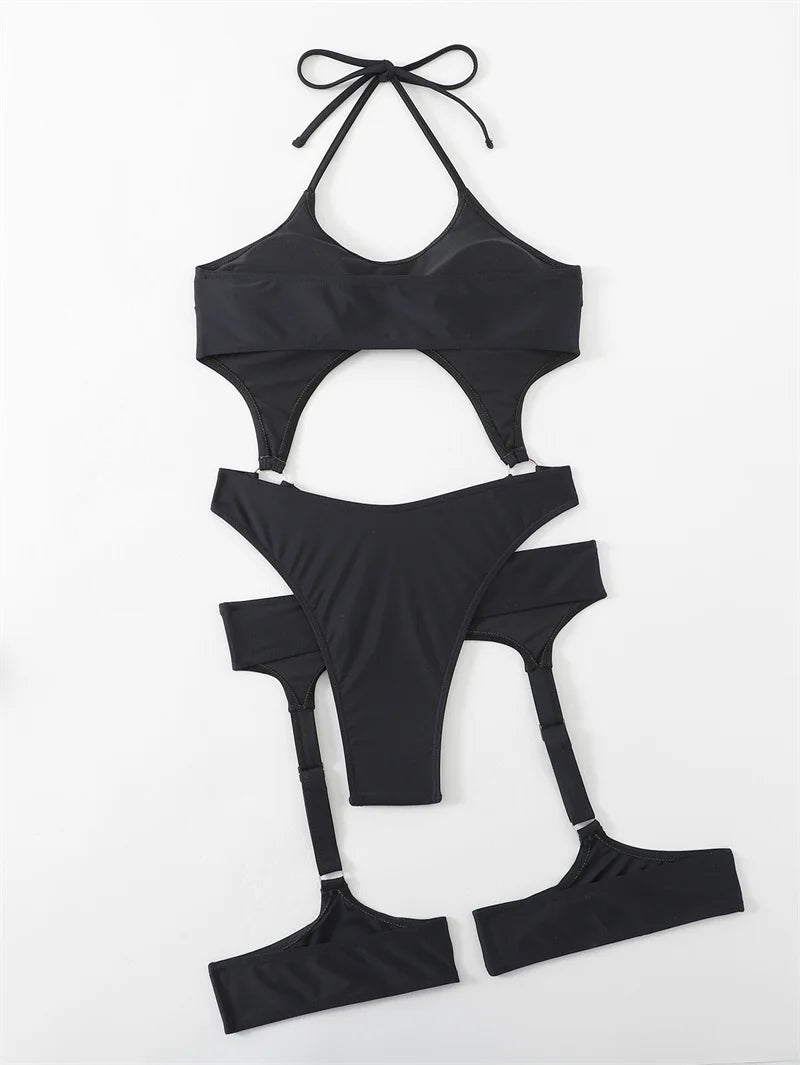 Halter One Piece Swimsuit With Garter Cut Out Swimwear for Women Sexy Bathing Suit High Waist Monokini