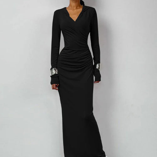 Load image into Gallery viewer, Elegant V Neck Hooded Maxi Dress For Women Autumn Winter New Long Sleeve Bodycon Ruched Fashion Long Dress New
