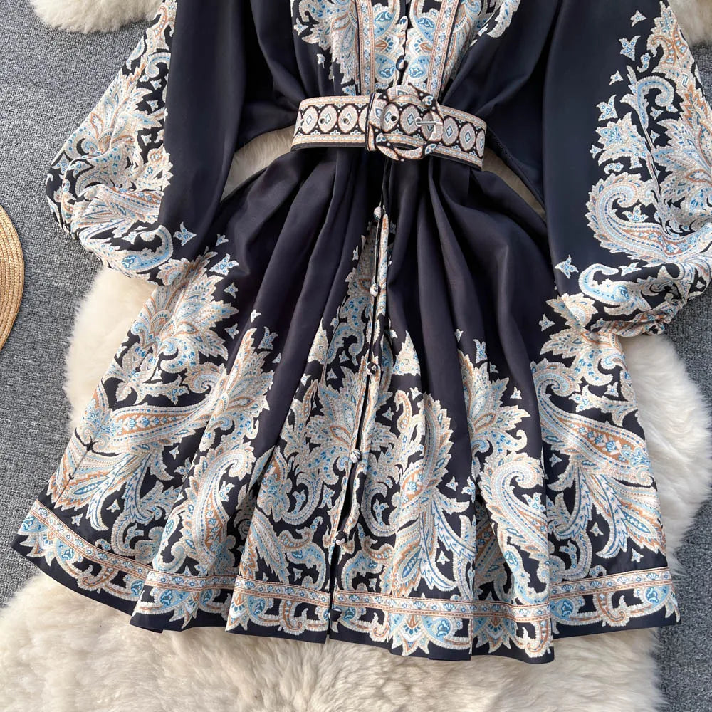 French Retro Women Black Print Single Breasted Short Dresses Autumn Winter Beige Slim Lantern Sleeve Mini Dress Ladies Bohemian