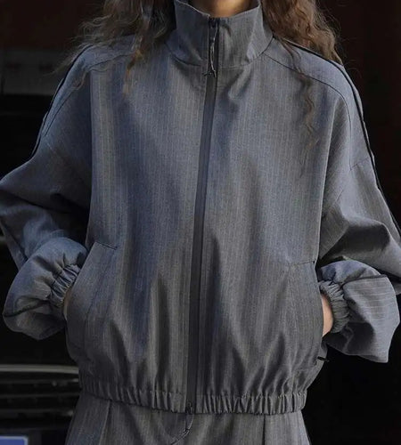 Navy Blue Striped Drawstring Big Size Jacket New Stand Collar Long Sleeve Women Coat Fashion Spring Autumn 2025 1DH7261