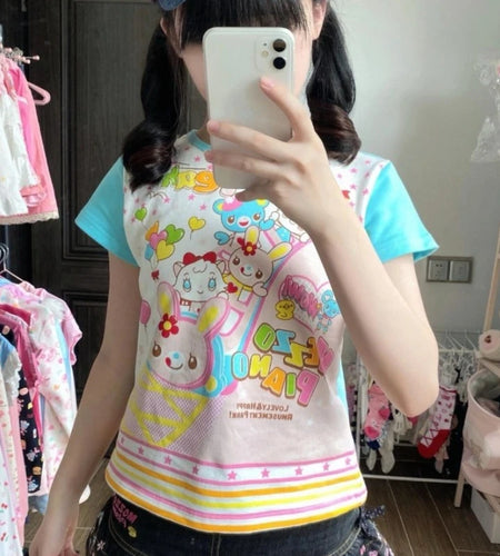 Japanese Women T Shirts Y2k Tops Contrast Color Anime Print Tees 2024 Ropa Mujer Fashion Sweet Crop Tshirt Cute Summer Camisetas