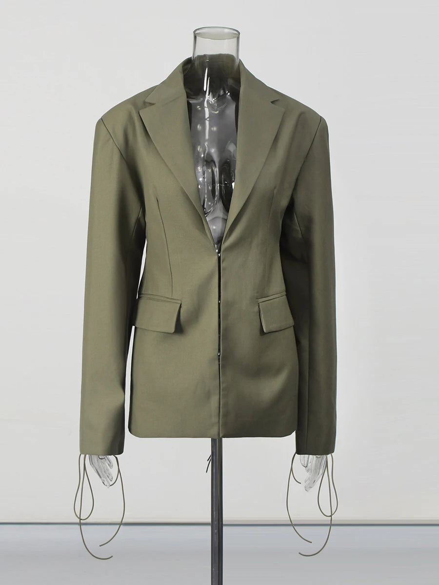 Solid Spliced Lace Up Hollow Out Two Piece Sets for Women Lapel Long Sleeves Blazer High Waist Pant Ste Female New