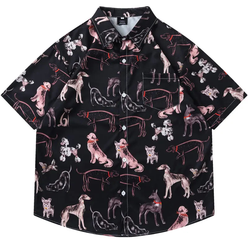 Harajuku Hawaiian Shirts Graffiti Cartoon Dog Graphic Printed Summer Beach Blouse Men Hip Hop Baggy Button Up Short Sleeve Tops