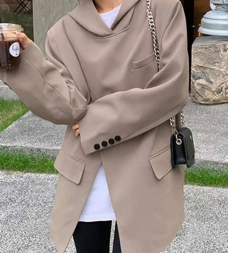 Women Slit Irregular Big Size Blazer New Hooded Long Sleeve Loose Fit Jacket Fashion Tide Spring Autumn 2025  1DH0482