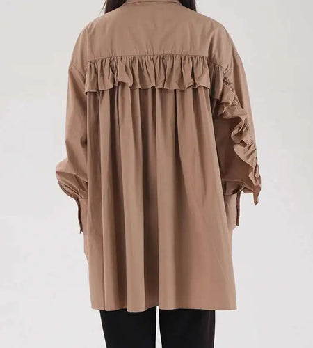 omen Khaki Ruffles Irregular Big Size Long Blouse New Lapel Long Sleeve Shirt Fashion Tide Spring Autumn 2025 2AA4728