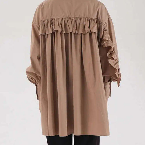 Load image into Gallery viewer, omen Khaki Ruffles Irregular Big Size Long Blouse New Lapel Long Sleeve Shirt Fashion Tide Spring Autumn 2025 2AA4728
